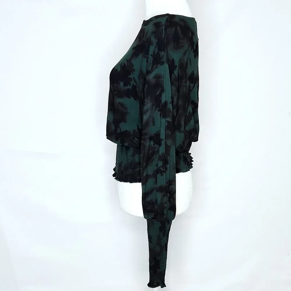 Madewell Forest Green Leafy Botanical Print Smocked Waist Top XS Cottagecore